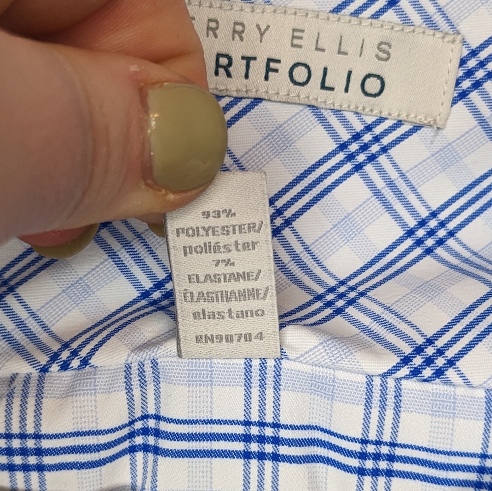 NWT Perry Ellis Portfolio Travel Luxe Blue Check Tech Shirt Neck 16 34/35 💙✨ - Picture 5 of 12